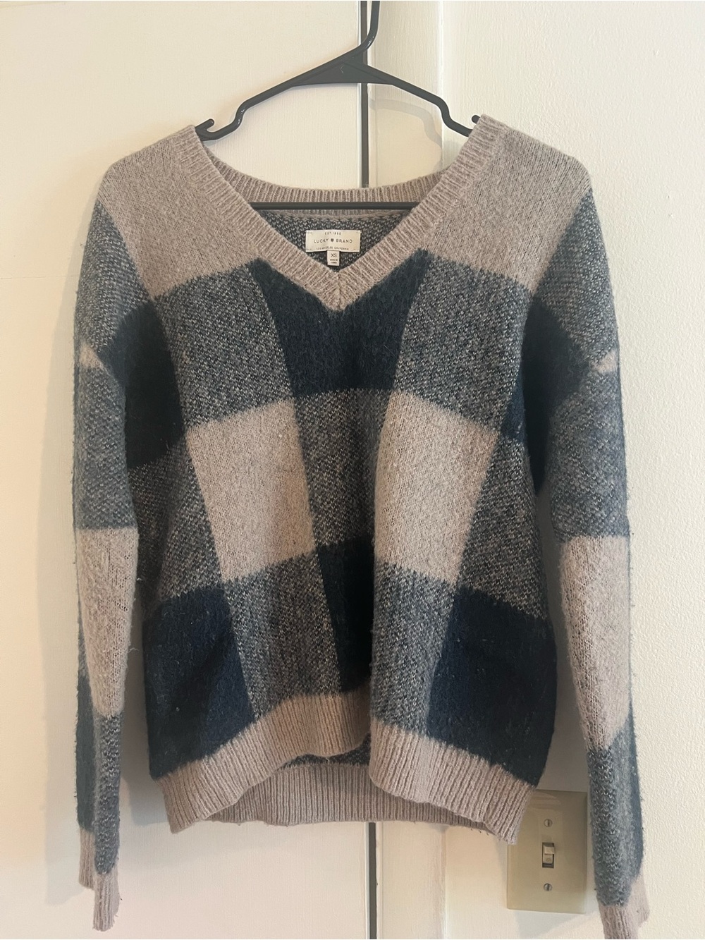 Lucky Brand Taupe and Black Checked V-Neck Sweater